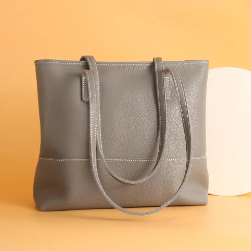 Korean Women's Genuine Leather Shoulder Bag Large Capacity Simple Tote Solid All-match Casual Handbags Practical Travel Bag