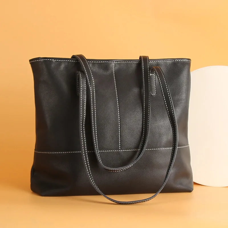 Korean Women's Genuine Leather Shoulder Bag Large Capacity Simple Tote Solid All-match Casual Handbags Practical Travel Bag