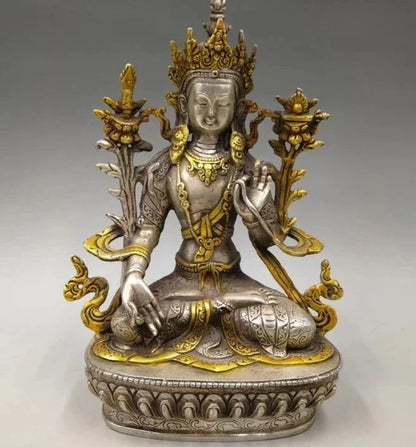 Kumpulkan Kuno Kerajinan Tembaga Putih Patung Buddha Tara Hijau