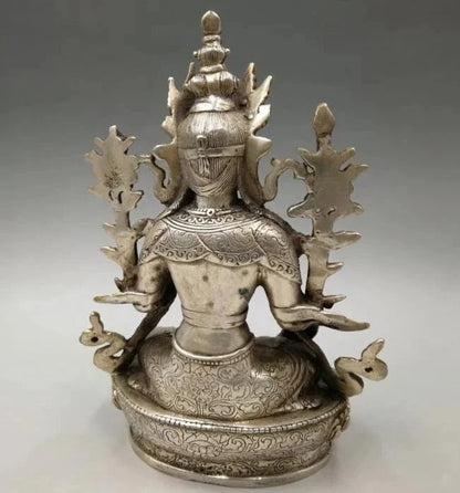 Kumpulkan Kuno Kerajinan Tembaga Putih Patung Buddha Tara Hijau