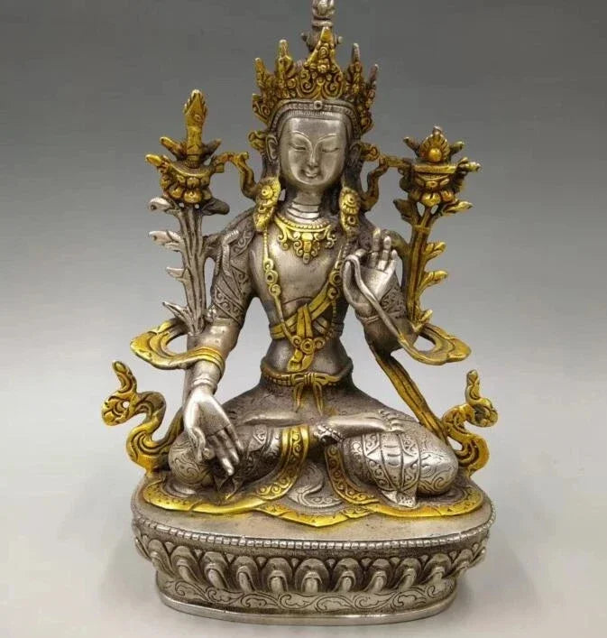 Kumpulkan Kuno Kerajinan Tembaga Putih Patung Buddha Tara Hijau