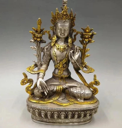 Kumpulkan Kuno Kerajinan Tembaga Putih Patung Buddha Tara Hijau