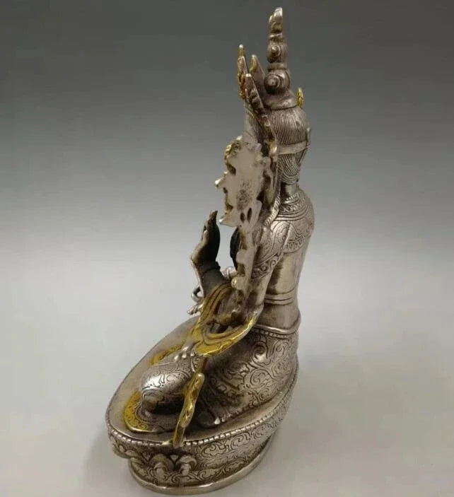 Kumpulkan Kuno Kerajinan Tembaga Putih Patung Buddha Tara Hijau
