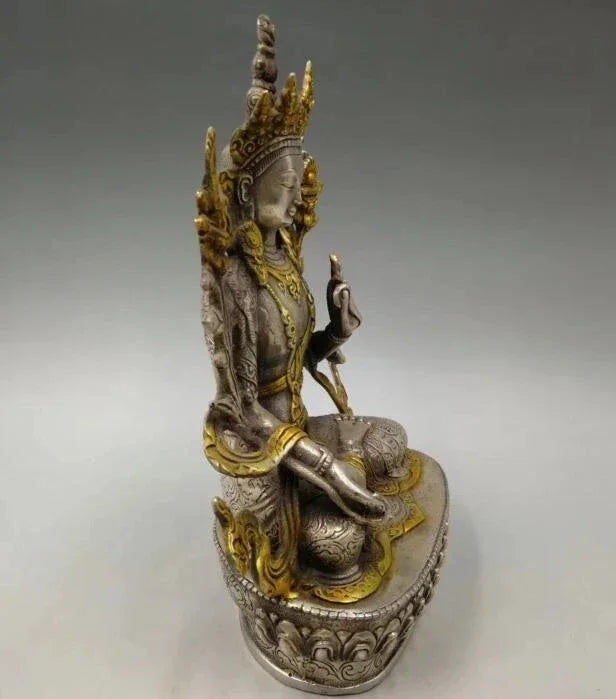 Kumpulkan Kuno Kerajinan Tembaga Putih Patung Buddha Tara Hijau
