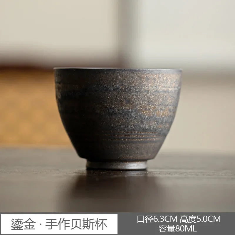 Kung Fu Tea Set Personal Cup Household Stoneware Retro Master Gilt Handmade Pottery Cups Teaware Kitchen Dining Bar Home Garden