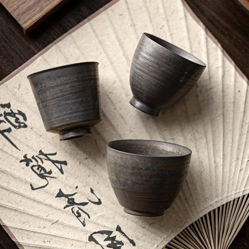 Kung Fu Tea Set Personal Cup Household Stoneware Retro Master Gilt Handmade Pottery Cups Teaware Kitchen Dining Bar Home Garden