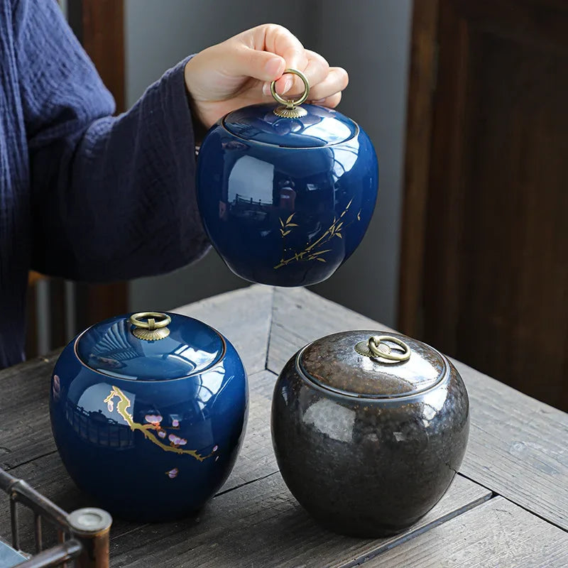 Kung Fu Tea Set Tea Can Waker Storage Tank Warehouse Ji Blue Glazed Large Ceramic Ji Blue Sealed Jar Box Organizer Teaware Bar