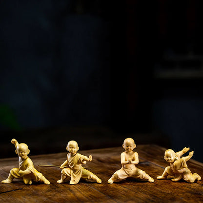 Kungfu Monk Small Monk Boxwood Carving Character Wood Statue Home Decoration Features Chinese Ornaments