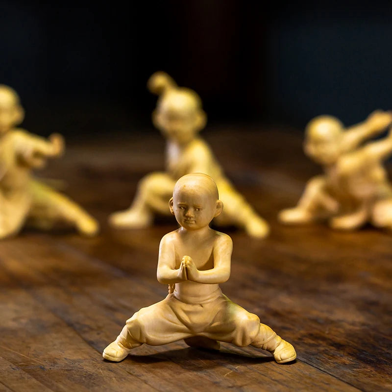 Kungfu Monk Small Monk Boxwood Carving Character Wood Statue Home Decoration Features Chinese Ornaments
