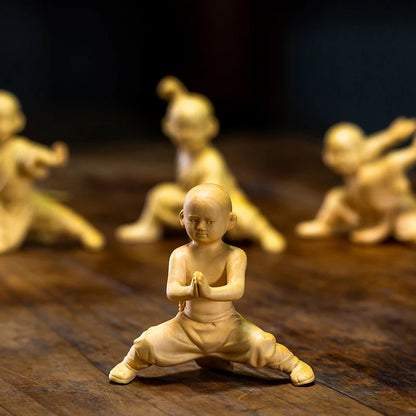 Kungfu Monk Small Monk Boxwood Carving Character Wood Statue Home Decoration Features Chinese Ornaments