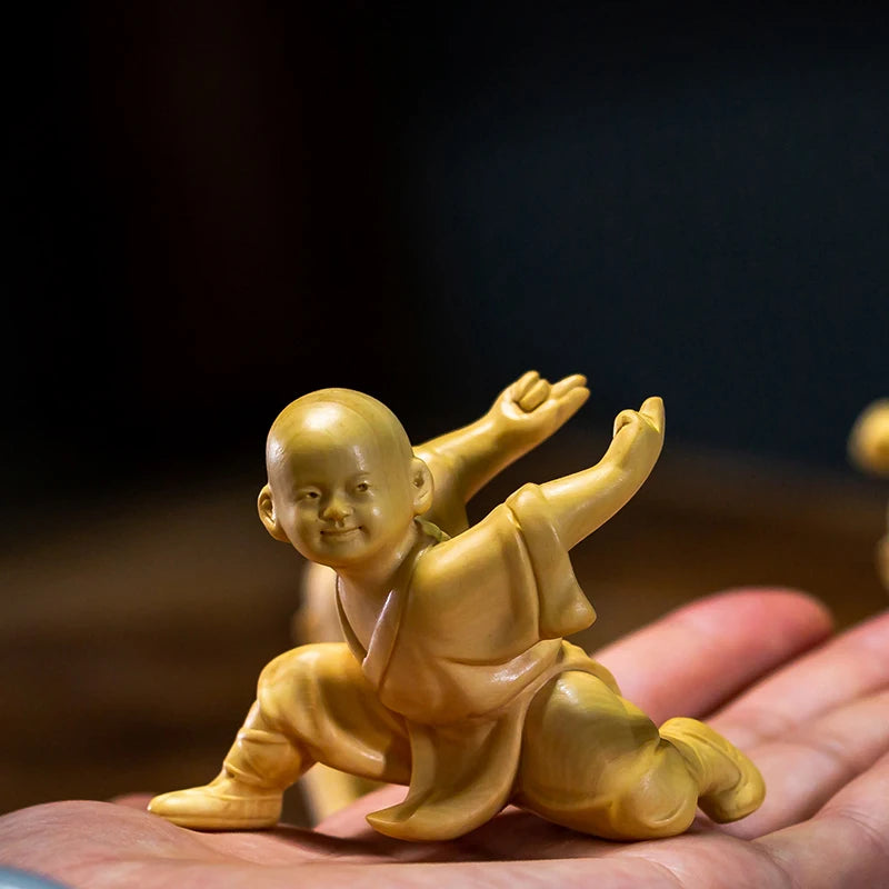 Kungfu Monk Small Monk Boxwood Carving Character Wood Statue Home Decoration Features Chinese Ornaments