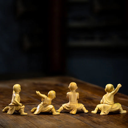Kungfu Monk Small Monk Boxwood Carving Character Wood Statue Home Decoration Features Chinese Ornaments