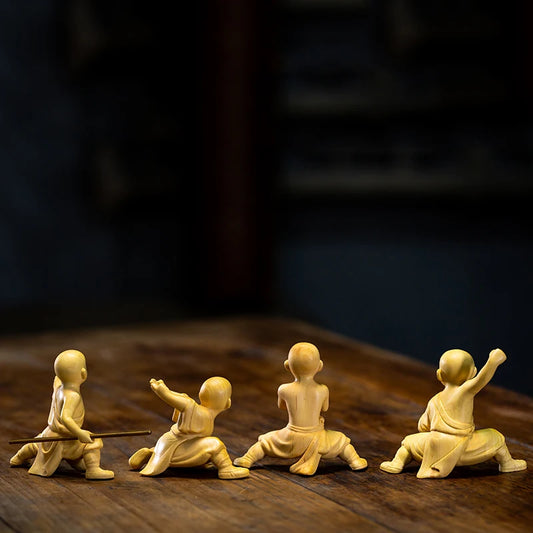Kungfu Monk Small Monk Boxwood Carving Character Wood Statue Home Decoration Features Chinese Ornaments