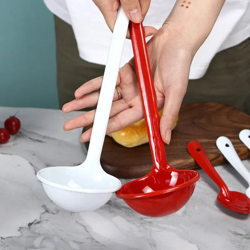 L 30cm | Enamel Classic Long Handle White Red Spoon Long Handle Creative Household Large Solid Color Spoon Soup ladle