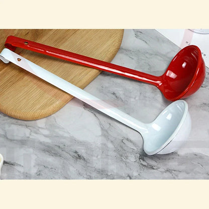 L 30cm | Enamel Classic Long Handle White Red Spoon Long Handle Creative Household Large Solid Color Spoon Soup ladle