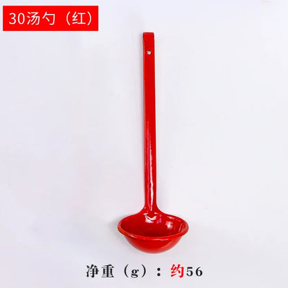 L 30cm | Enamel Classic Long Handle White Red Spoon Long Handle Creative Household Large Solid Color Spoon Soup ladle