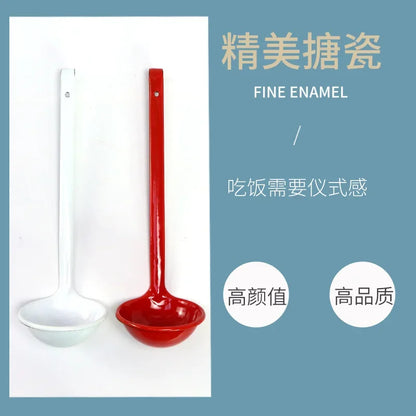 L 30cm | Enamel Classic Long Handle White Red Spoon Long Handle Creative Household Large Solid Color Spoon Soup ladle