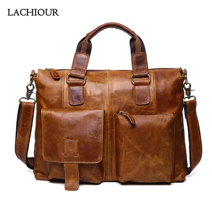 LACHIOUR Business Office Handag Men Real CRAZY HORSE Genuine Leather Messenger Male Ducument Travel Laptop Shoulder Bag