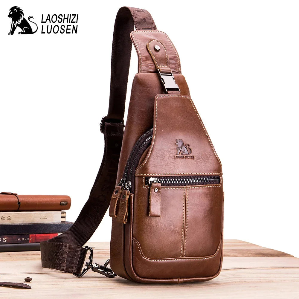 LAOSHIZI 2024 Hot Sale Casual Genuine Leather For Men Messenger s Mens Chest Crossbody Bags Male Shoulder
