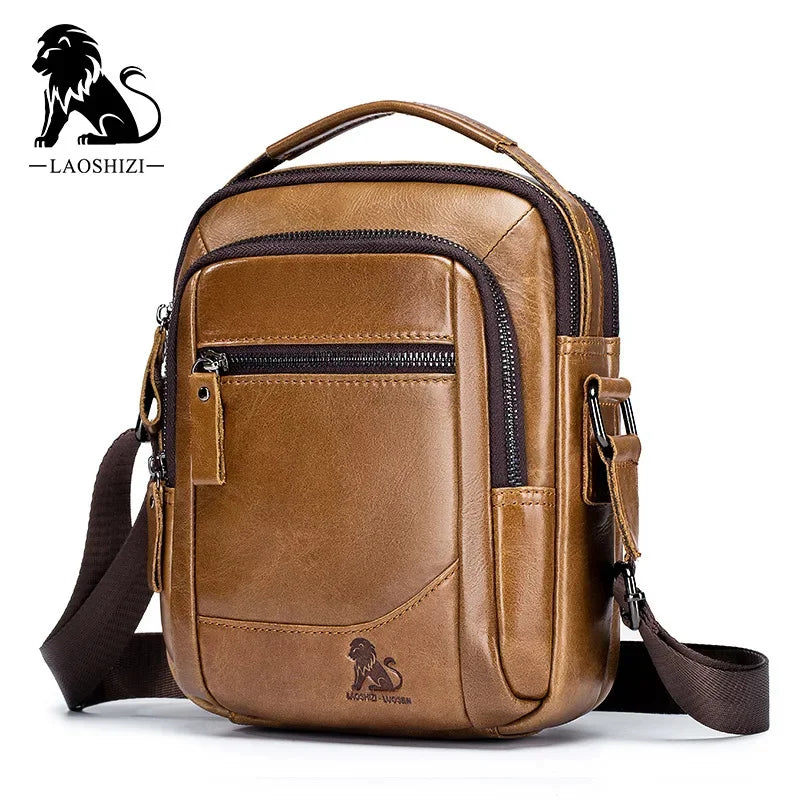 LAOSHIZI Brand 100%Genuine Leather Shoulder Leisure Business Messenger Multi-functional Large-capacity Men's Bag