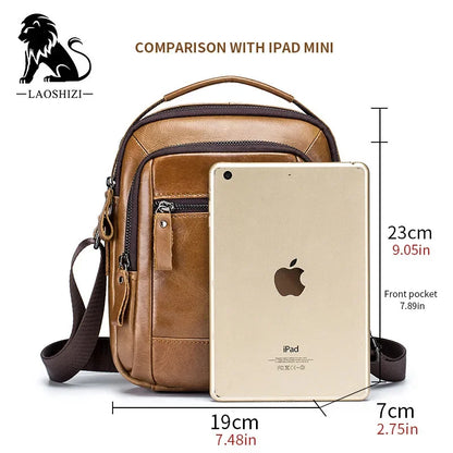 LAOSHIZI Brand 100%Genuine Leather Shoulder Leisure Business Messenger Multi-functional Large-capacity Men's Bag