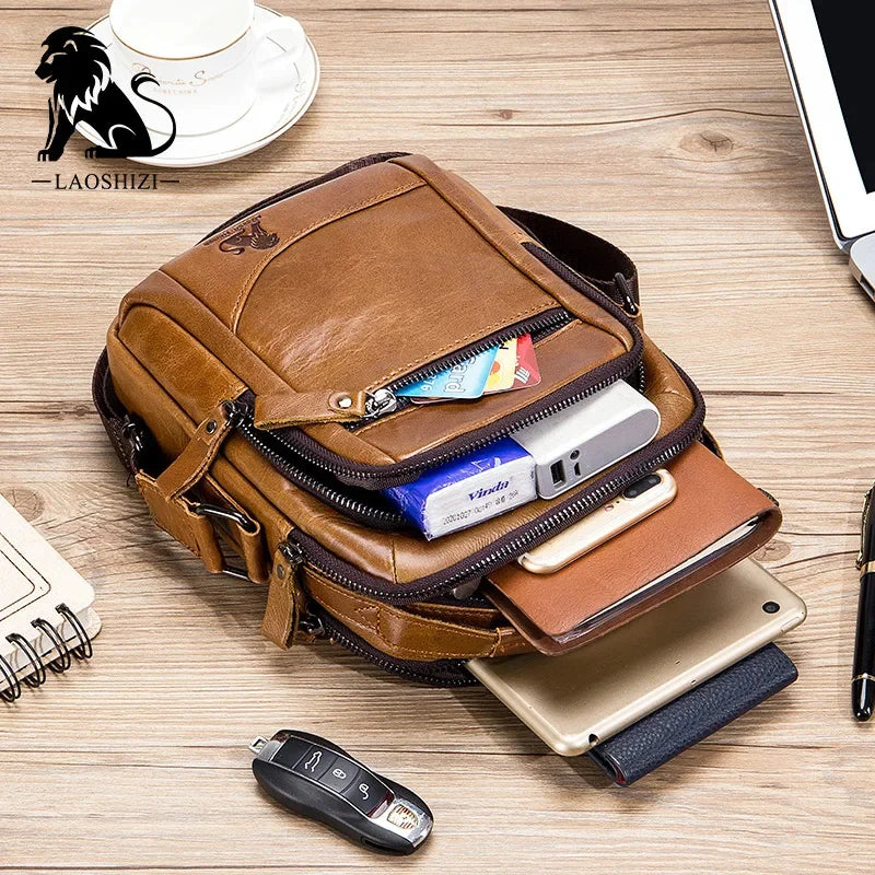 LAOSHIZI Brand 100%Genuine Leather Shoulder Leisure Business Messenger Multi-functional Large-capacity Men's Bag