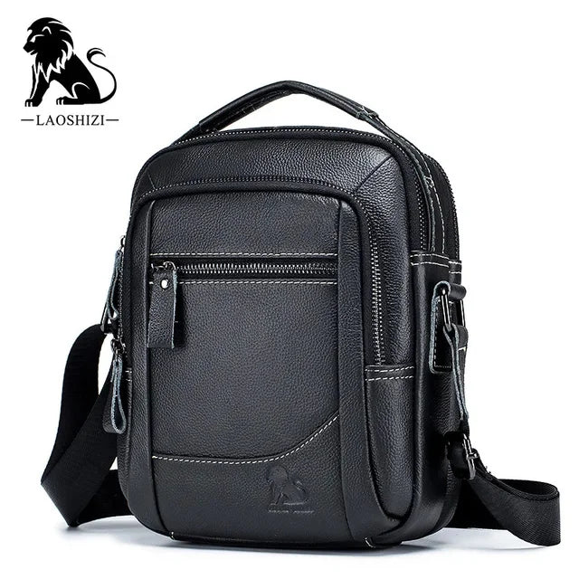 LAOSHIZI Brand 100%Genuine Leather Shoulder Leisure Business Messenger Multi-functional Large-capacity Men's Bag