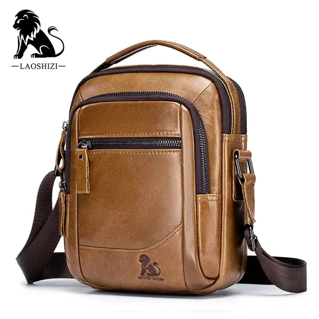 LAOSHIZI Brand 100%Genuine Leather Shoulder Leisure Business Messenger Multi-functional Large-capacity Men's Bag