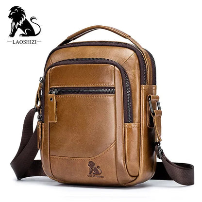 LAOSHIZI Brand 100%Genuine Leather Shoulder Leisure Business Messenger Multi-functional Large-capacity Men's Bag