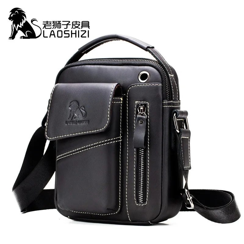 LAOSHIZI Brand Genuine Cow Leather Shoulder Men Messenger s Small Handbag Casual Flap Zipper Design Male CrossBody Bag