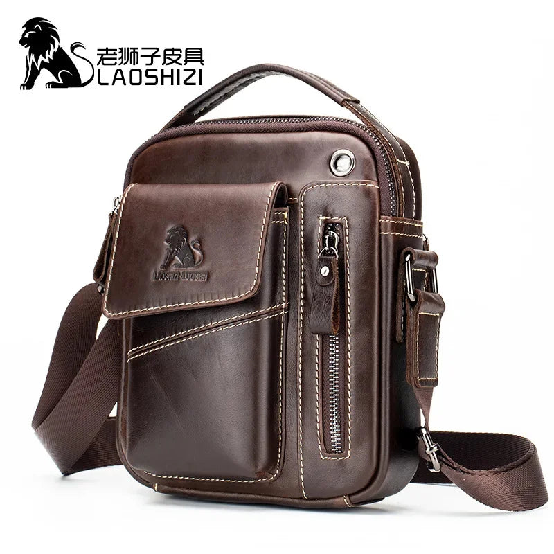 LAOSHIZI Brand Genuine Cow Leather Shoulder Men Messenger s Small Handbag Casual Flap Zipper Design Male CrossBody Bag