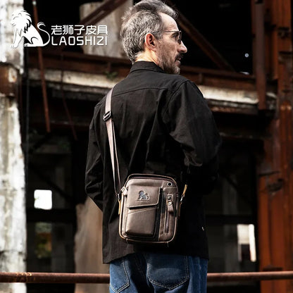 LAOSHIZI Brand Genuine Cow Leather Shoulder Men Messenger s Small Handbag Casual Flap Zipper Design Male CrossBody Bag