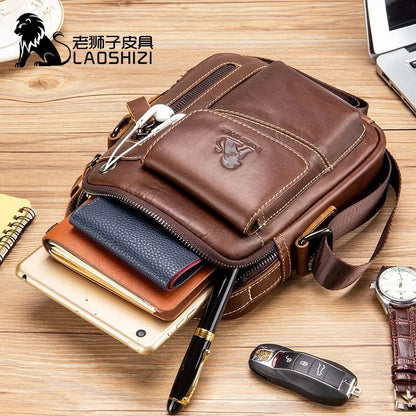 LAOSHIZI Brand Genuine Cow Leather Shoulder Men Messenger s Small Handbag Casual Flap Zipper Design Male CrossBody Bag