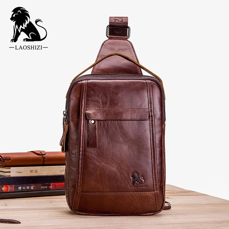 LAOSHIZI Brand Genuine Leather Chest Retro Cowhide Casual Crossbody Fashion Men's Handbag Male Shoulder Bag