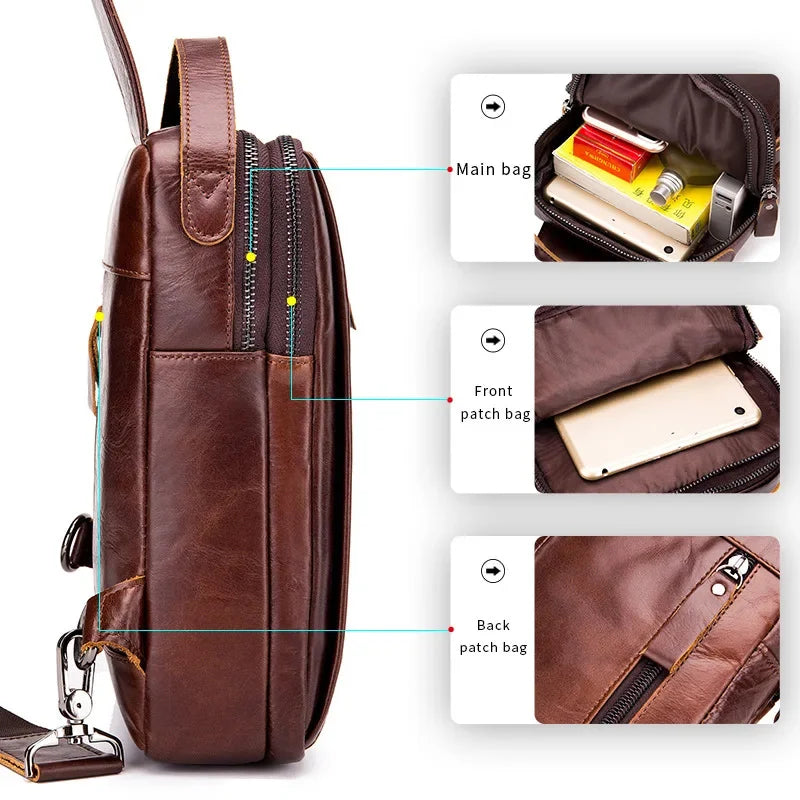 LAOSHIZI Brand Genuine Leather Chest Retro Cowhide Casual Crossbody Fashion Men's Handbag Male Shoulder Bag
