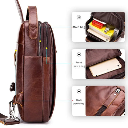 LAOSHIZI Brand Genuine Leather Chest Retro Cowhide Casual Crossbody Fashion Men's Handbag Male Shoulder Bag