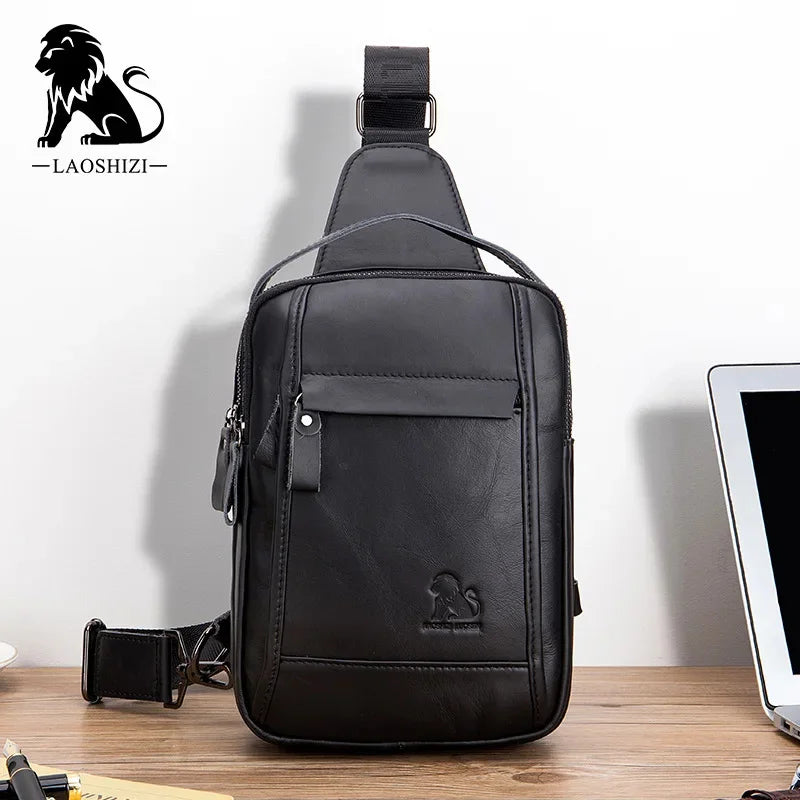 LAOSHIZI Brand Genuine Leather Chest Retro Cowhide Casual Crossbody Fashion Men's Handbag Male Shoulder Bag
