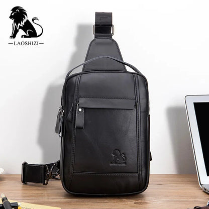LAOSHIZI Brand Genuine Leather Chest Retro Cowhide Casual Crossbody Fashion Men's Handbag Male Shoulder Bag