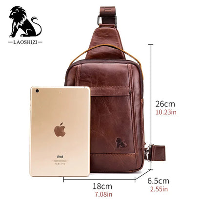 LAOSHIZI Brand Genuine Leather Chest Retro Cowhide Casual Crossbody Fashion Men's Handbag Male Shoulder Bag