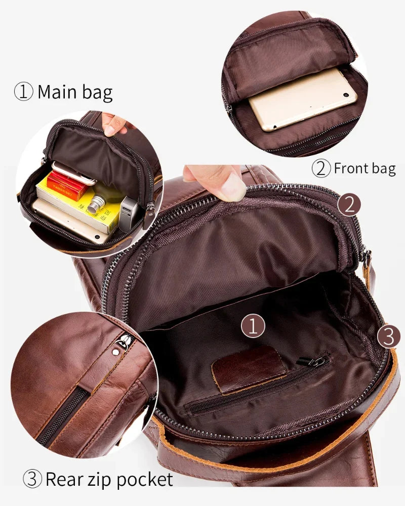LAOSHIZI Brand Genuine Leather Chest Retro Cowhide Casual Crossbody Fashion Men's Handbag Male Shoulder Bag