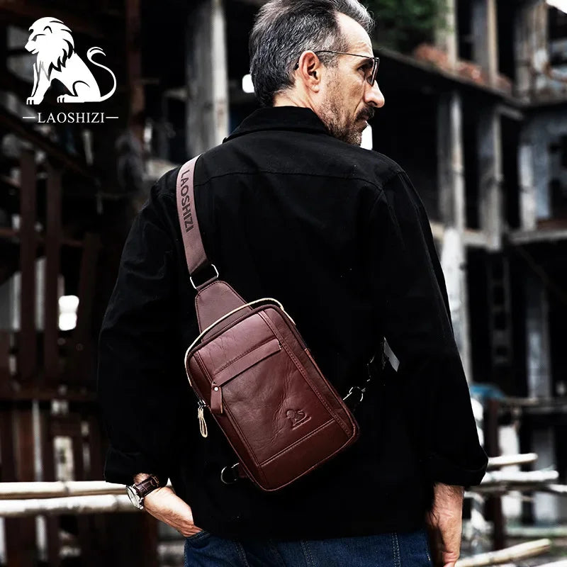 LAOSHIZI Brand Genuine Leather Chest Retro Cowhide Casual Crossbody Fashion Men's Handbag Male Shoulder Bag