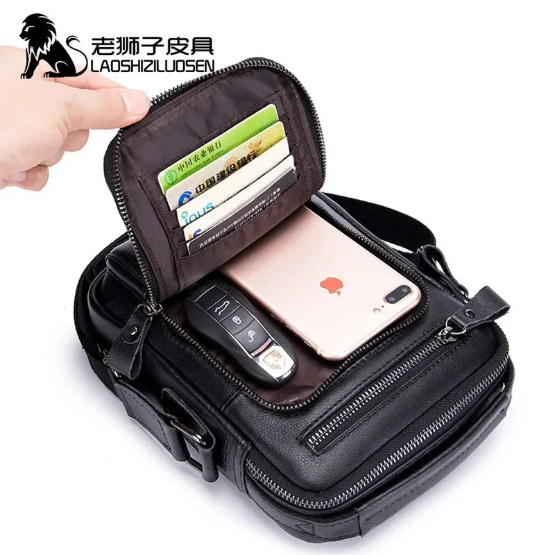 LAOSHIZI Brand High-end Men's Shoulder Leisure Business Diagonal 100% Leather Man Bag Handbag