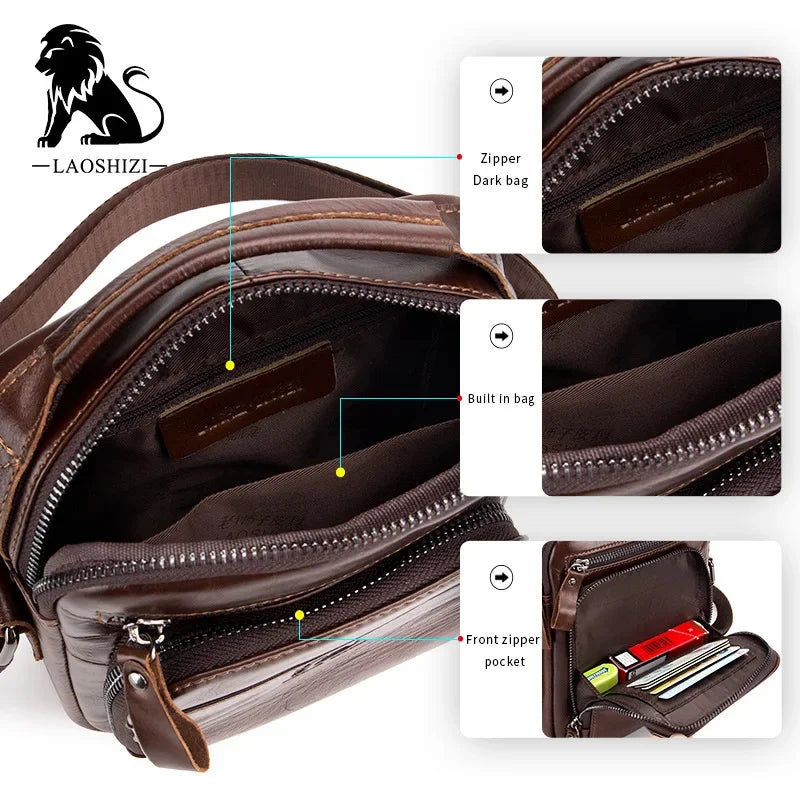 LAOSHIZI Brand High-end Men's Shoulder Leisure Business Diagonal 100% Leather Man Bag Handbag