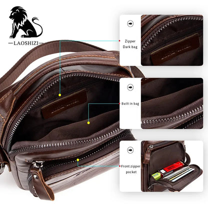 LAOSHIZI Brand High-end Men's Shoulder Leisure Business Diagonal 100% Leather Man Bag Handbag