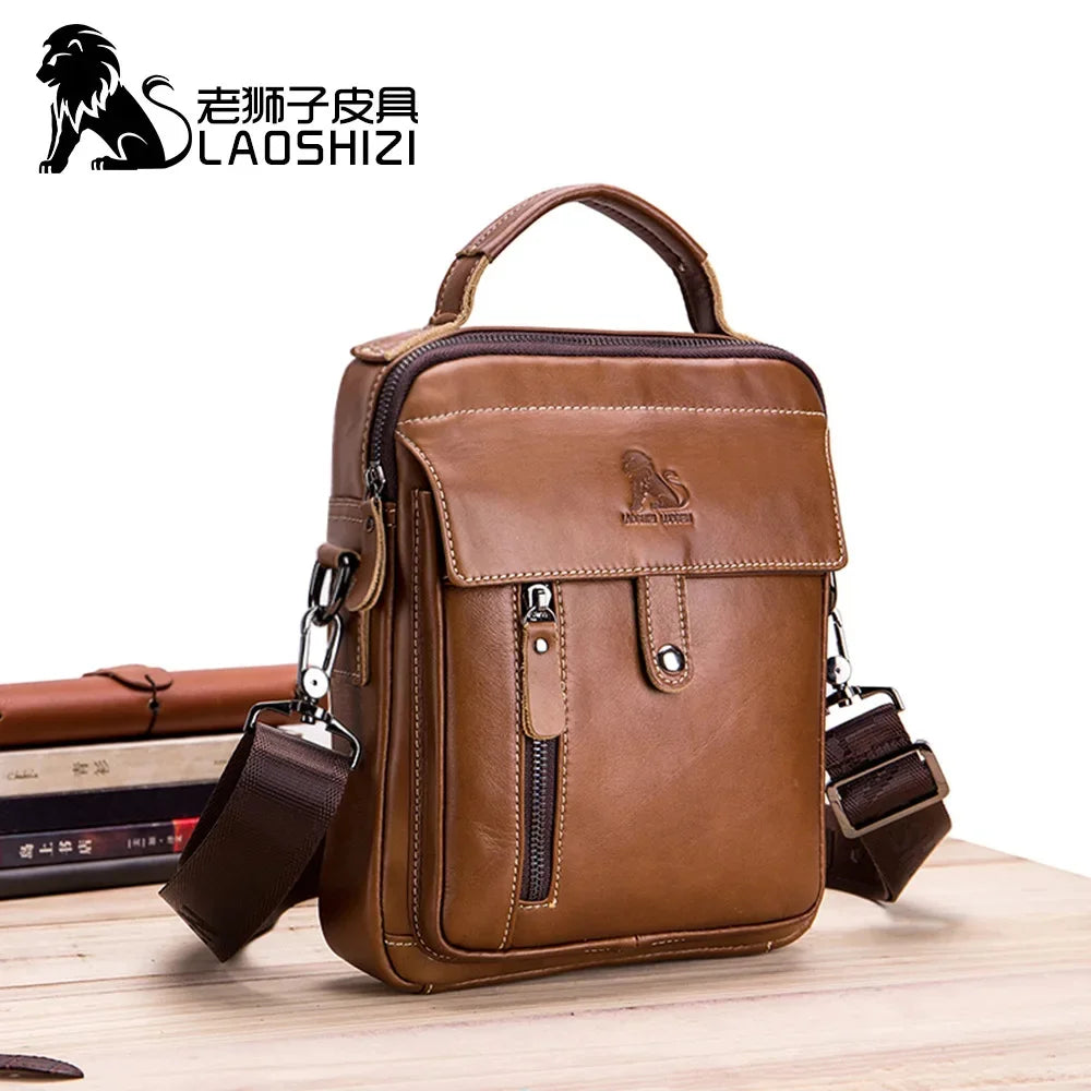LAOSHIZI Brand High-end Men's genuine Shoulder Leisure Business crossbody bag 100% Leather Man Bag Handbag