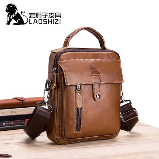 LAOSHIZI Brand High-end Men's genuine Shoulder Leisure Business crossbody bag 100% Leather Man Bag Handbag