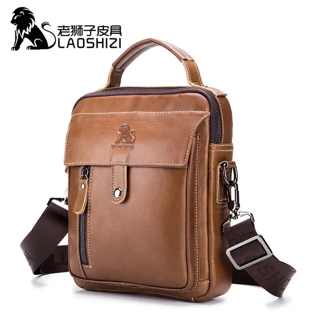 LAOSHIZI Brand High-end Men's genuine Shoulder Leisure Business crossbody bag 100% Leather Man Bag Handbag