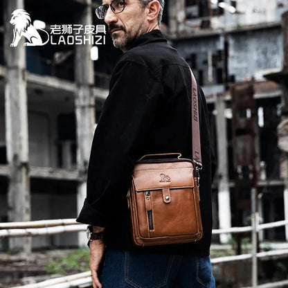 LAOSHIZI Brand High-end Men's genuine Shoulder Leisure Business crossbody bag 100% Leather Man Bag Handbag