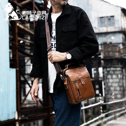 LAOSHIZI Brand High-end Men's genuine Shoulder Leisure Business crossbody bag 100% Leather Man Bag Handbag