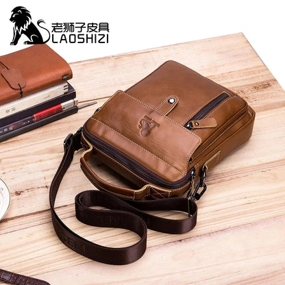 LAOSHIZI Brand High-end Men's genuine Shoulder Leisure Business crossbody bag 100% Leather Man Bag Handbag